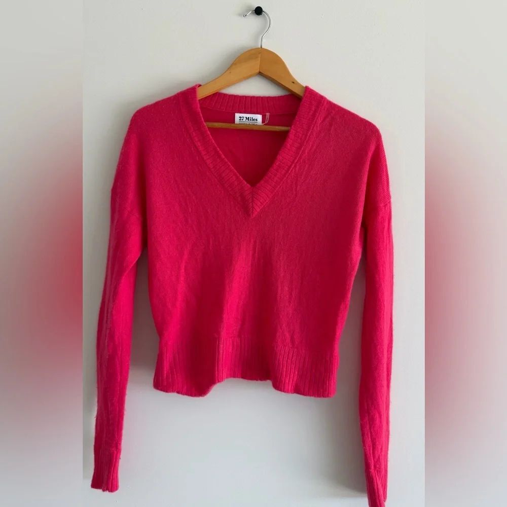27 Miles 100% Cashmere Pink V-Neck Sweater XS Soft Luxury Classic Minimalist